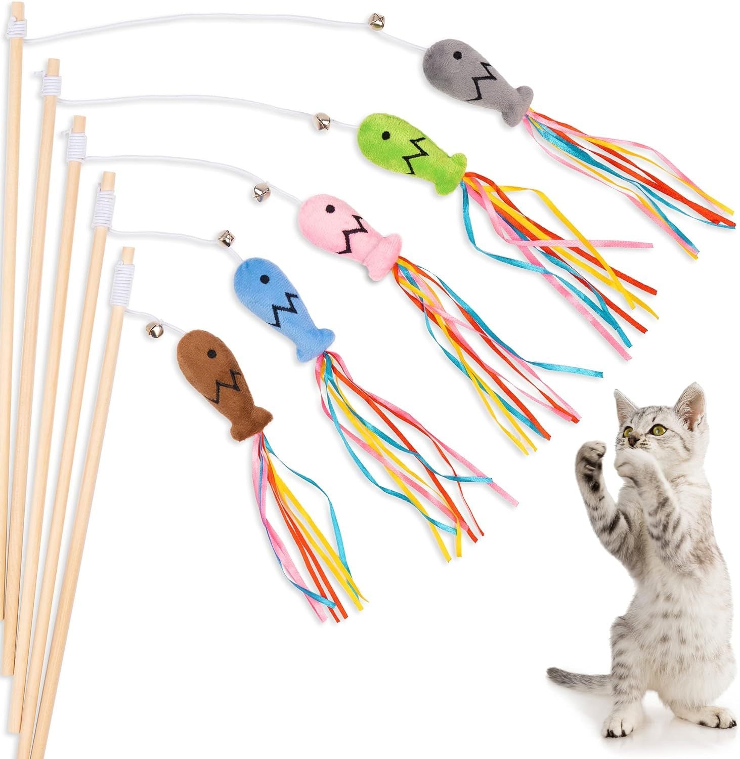 Colorful Cat Teaser Wand – Bells + Fish Design
