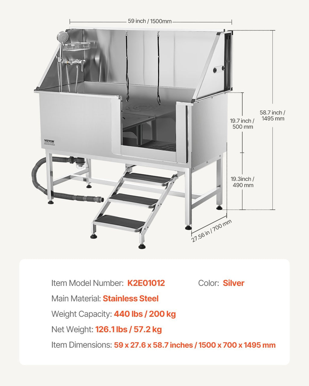 62 Inch Dog Grooming Bath Tub Stainless Steel W Stairs Water Filter